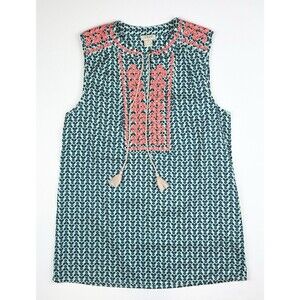 J Crew Blue Pink Cotton Embroidered Tassel Sleeveless Tank Top Blouse Womens 0